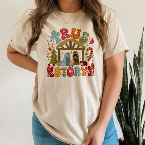 Women Christmas Shirt Nativity True Story Faith Graphic Tee Unisex Gift - Picture 1 of 2